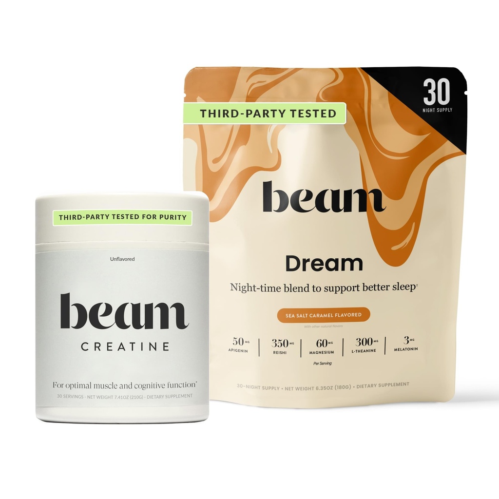 Beam Dream Sleep Powder & Creatine Bundle, Terze Parti Testato Natural Sleep Aid & Recovery Supplement with Micronized Creatine Monohydrate, Polvere di creatina pura non aromatizzata per la forza muscolare, energia