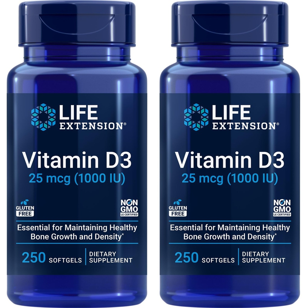 Vitamina D3 25 mcg (1000 IU), Supporto del sistema immunitario, Salute del corpo intero, Dimensione del valore, Senza glutine, Non OGM – Due Pack - 2 x 250 Softgels