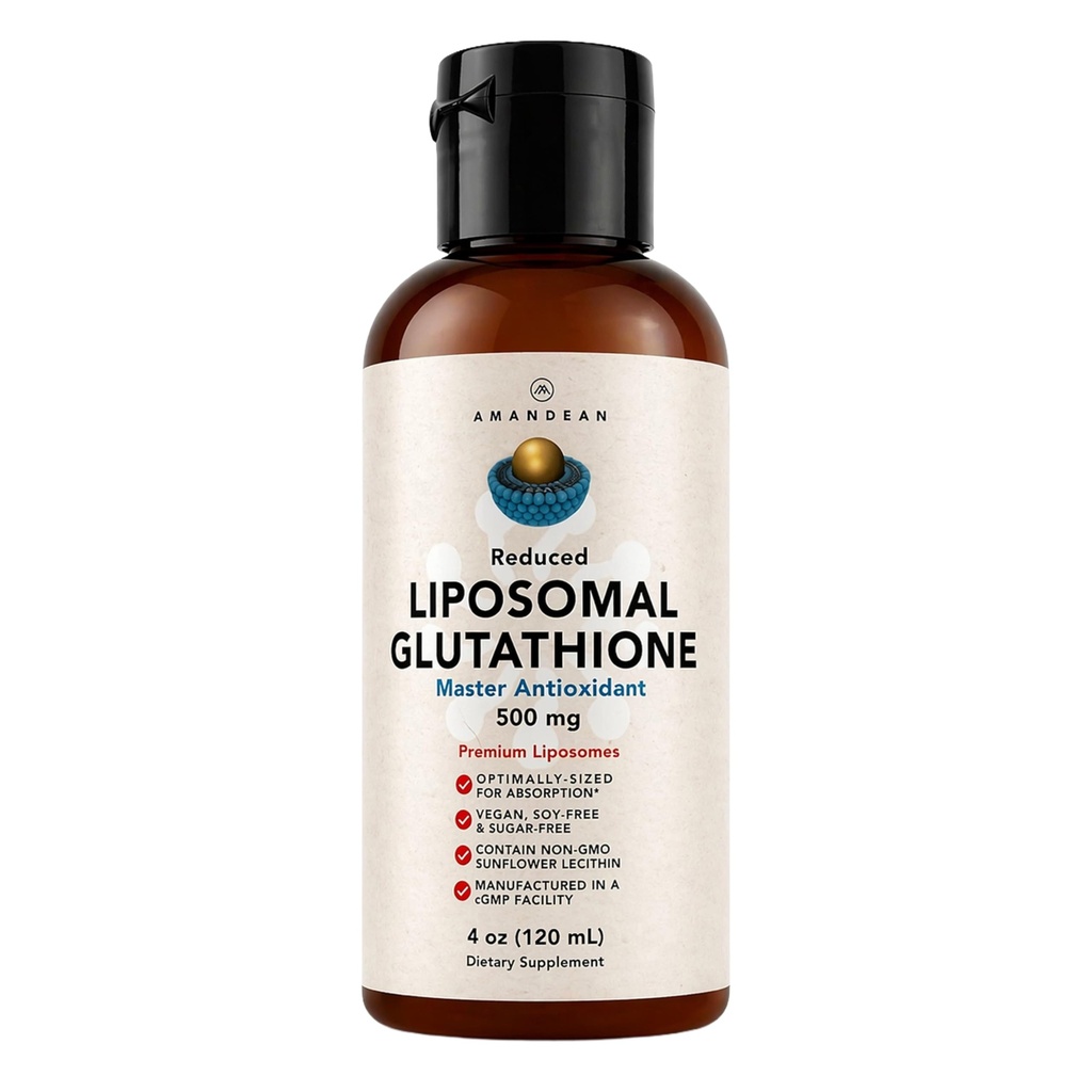 AMANDEAN Liposomal Glutathione Supplemento. Liquido Ridotto Setria 500mg. Supporto immunitario, Salute del cervello, Detox del fegato, Salute della pelle. Fosfatidilcolina dalla Lecitina di girasole non OGM. Soy-Free & Vegan.