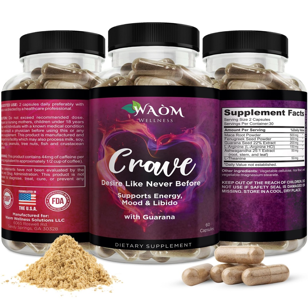 Crave – Women’s Desire Booster mit Maca, Ashwagandha & L-Theanine – Natural Energy, Mood & Hormon Balance Unterstützung – 60 Vegan Capsules