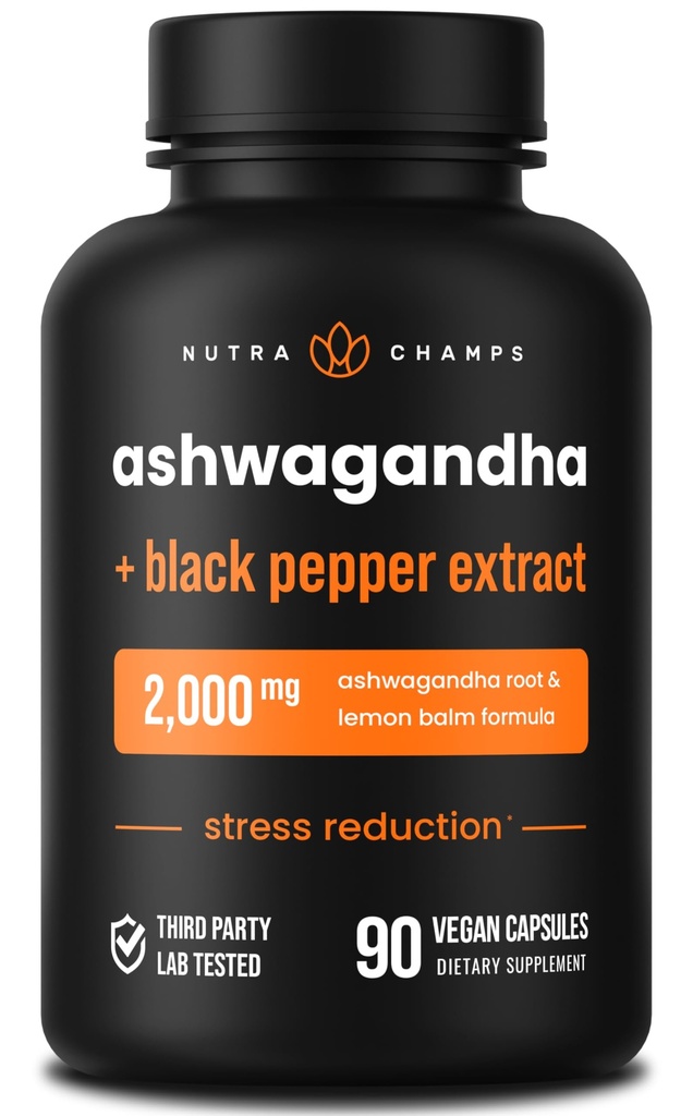 NutraChamps Organic Ashwagandha Capsules, 2000mg Adrenal Fatigue, Schilddrüse & Mood Unterstützung Ashwagandha Ergänzungen, Ashwagandha Root Powder & Lemon Balm, Superior Absorption mit schwarzem Pfeffer