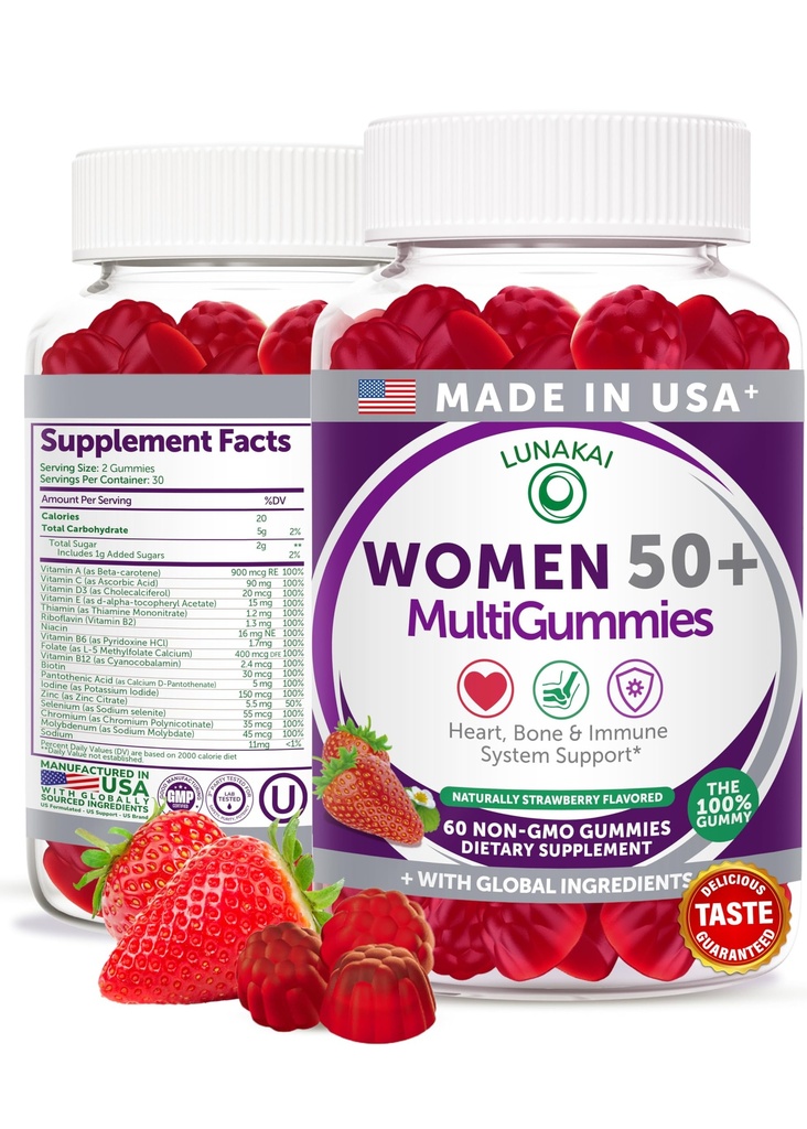 Lunakai USA Made 50 Plus Gummies multivitamines pour femmes - Delicious Formula Enhanced with Essential Vitamins & Minerals for Health & Vitality - 60ct