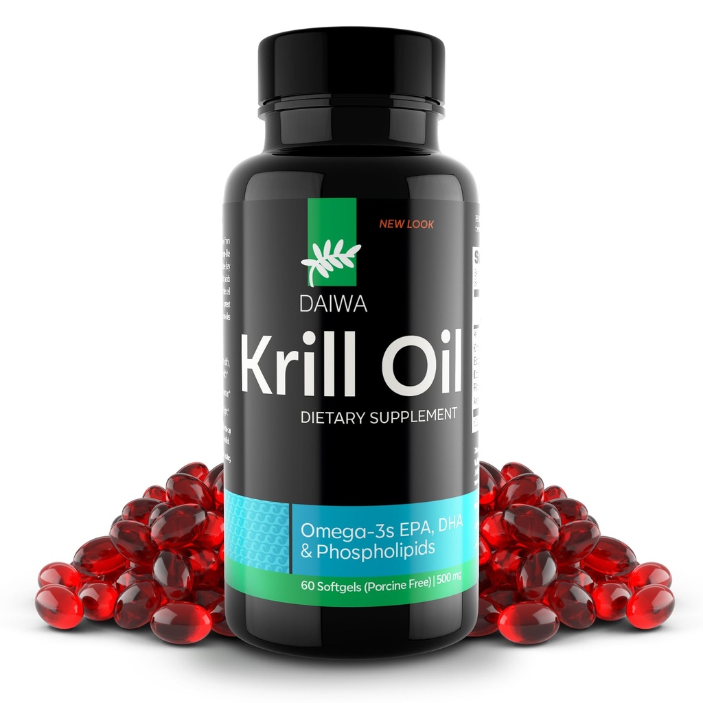 Daiwa Krill Oil 1000mg Softgels - EPA DHA Omega 3 Antartico Krill Oil Supplemento con Astaxantina - Soluzione naturale per Joint, Brain Support and Heart Health - 60/ct