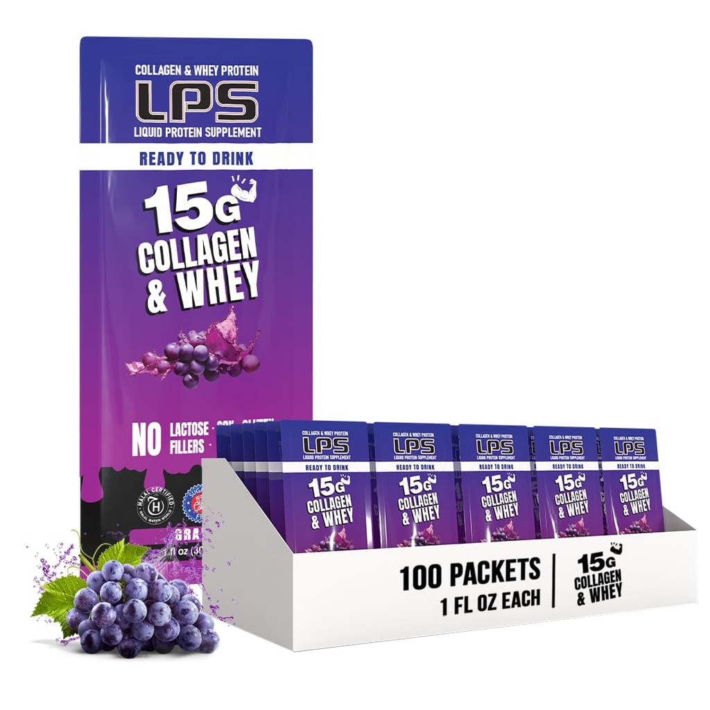 Ernährungsdesigns LPS Liquid Collagen & Whey Protein Supplement - Non-GMO Drink, Sugar-Free - Promotes Gesunde Haut & Haar für Männer & Frauen, Trauben, Single Serve (100 Packungen)