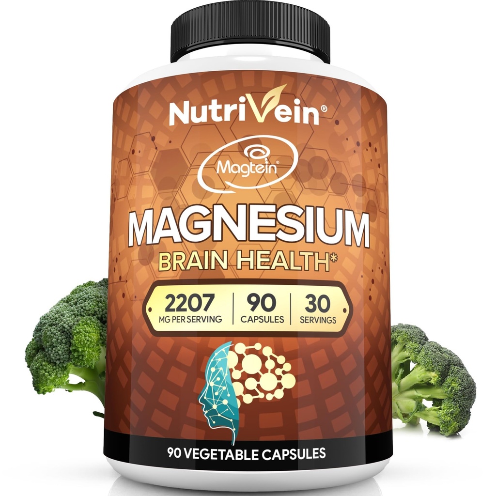 Nutrivein Premium Magtein Magnesium L-Threonate Supplement 2207 mg - 90 Caps (3 pro Tag): High-Absorption Magnesium Threonat für Gehirn, Schlaf, Stimmung & Erholung