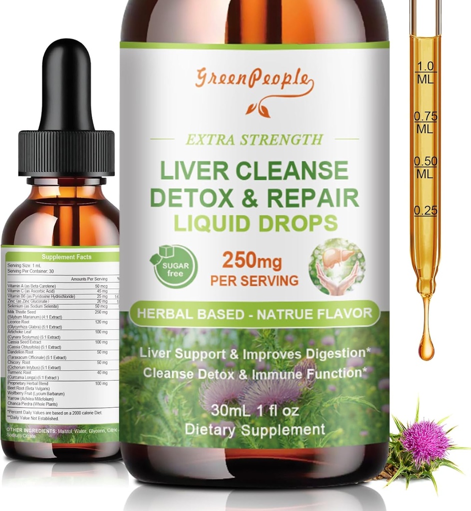 GREENPEOPLE Liver Cleanse Detox & Repair Drops - Liver Supplement w/Milk Thistle Silymarin, Artichoke & Dandelion für Liver Detox & Support- 16x Potent Kräuter-Nutrients - 1Fl Oz natürliche Flamme