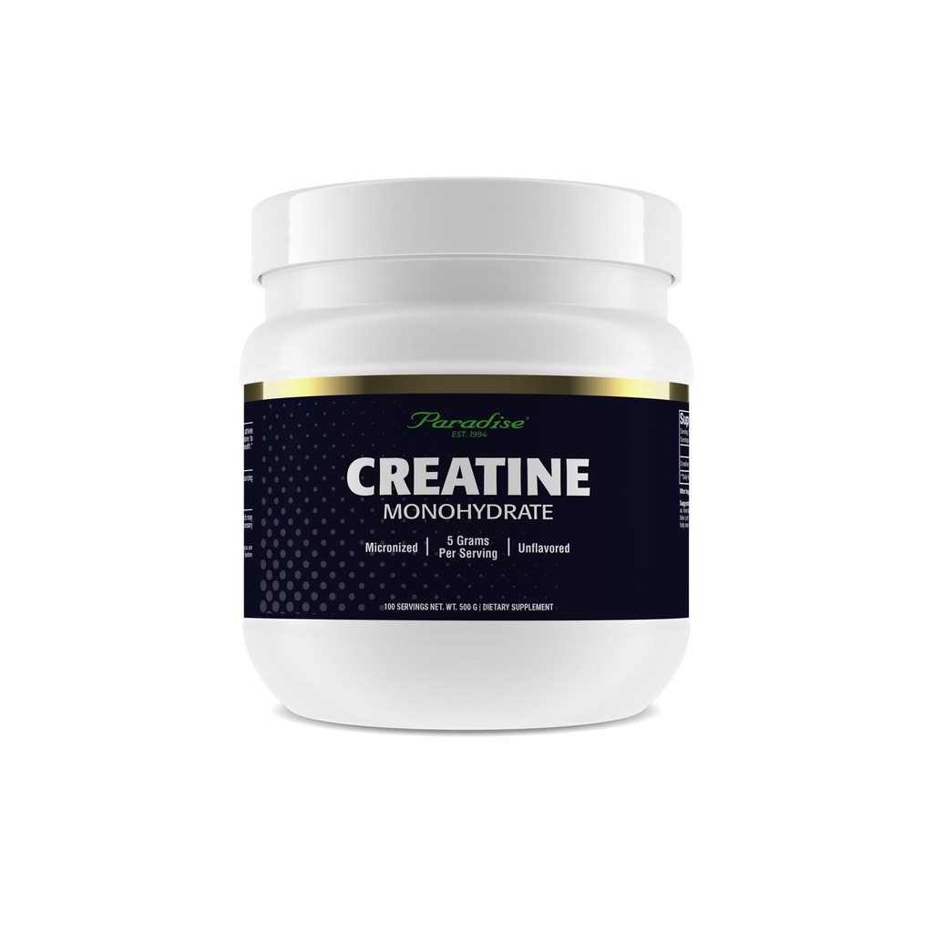 Paradise Creatine Monohydrat-Pulver, mikronisiert für verbesserte Absorption, unterstützt Muskelaufbau und sportliche Leistung, 500g, 100 Servierungen