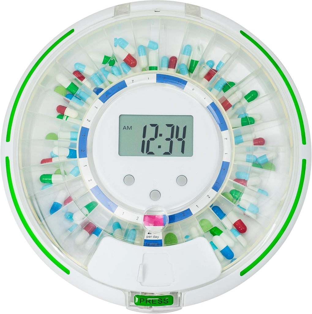 Distributeur automatique de pilules pour les personnes âgées avec alarme, distributeur de médicaments à écluse de 28 jours, 6 modèles de posologie, alertes sonores et lumineuses et clé pour les vitamines, suppléments (liure claire)
