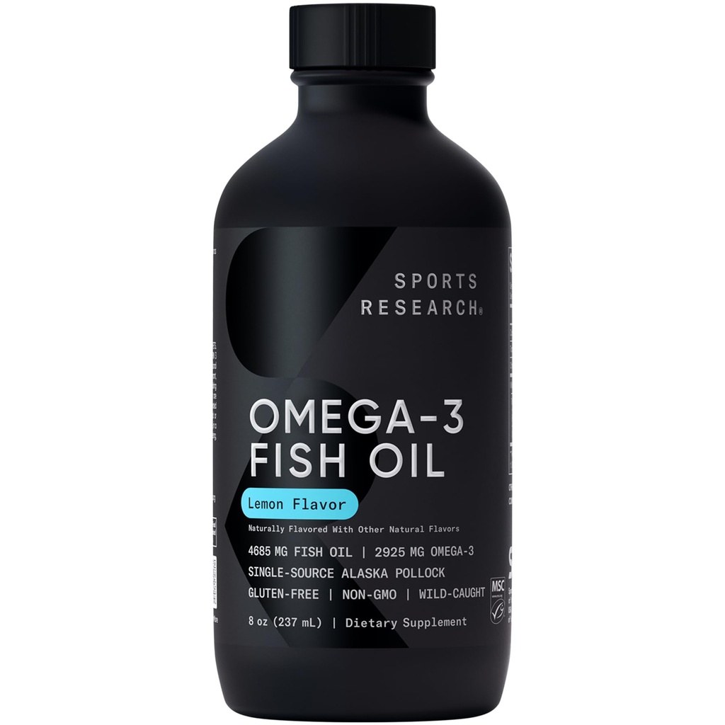 Sportforschung® Omega-3-Fischöl, 8oz-Glasflasche - 4685 mg wild gefangenes Alaska Pollock Fischöl pro Portion - leicht zu nehmende Flüssigkeit · Zitronengeschmack · Nicht-GVO · MSC zertifiziert nachhaltig - 48 Portionen