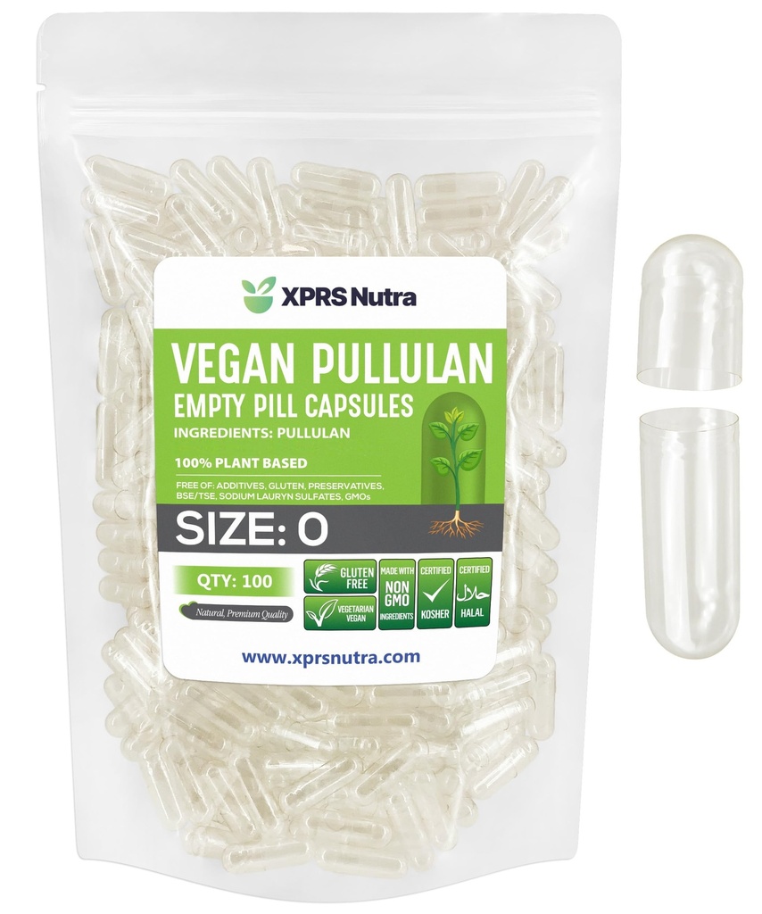 XPRS Nutra Größe 0 Pullulan Leere Kapseln - 100 Count Clean Label Plantcaps Clear Leere Vegan Kapseln - Premium Vegetarian Pillen - Do-It-Yourself Gemüse Kapsel Füllung
