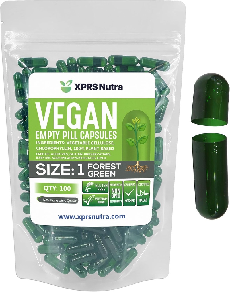 XPRS Nutra Größe 1 Leere Kapseln - 100 Count Leere Vegan Kapseln - Vegetarische Pillen - DIY Gemüse Kapsel Füllung- Veggie Pillen Kapseln für Do-It-Yourself Ergänzungen (Forest Green)