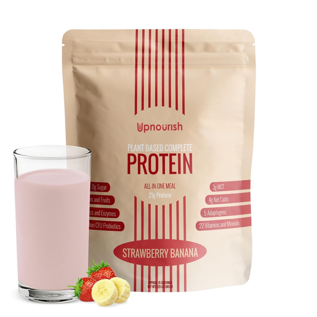 UpNourish Strawberry Banana Vegan Protein Powder 54 Superfoods Powder,1,5 milliard d'UFC Probiotiques 21g Protéines à base végétale, Pas de sucre Pas de lait Pas d'OGM Sans lait, Remplacement des repas Shake Keto-friendly Low-Carb Diet,15 portions