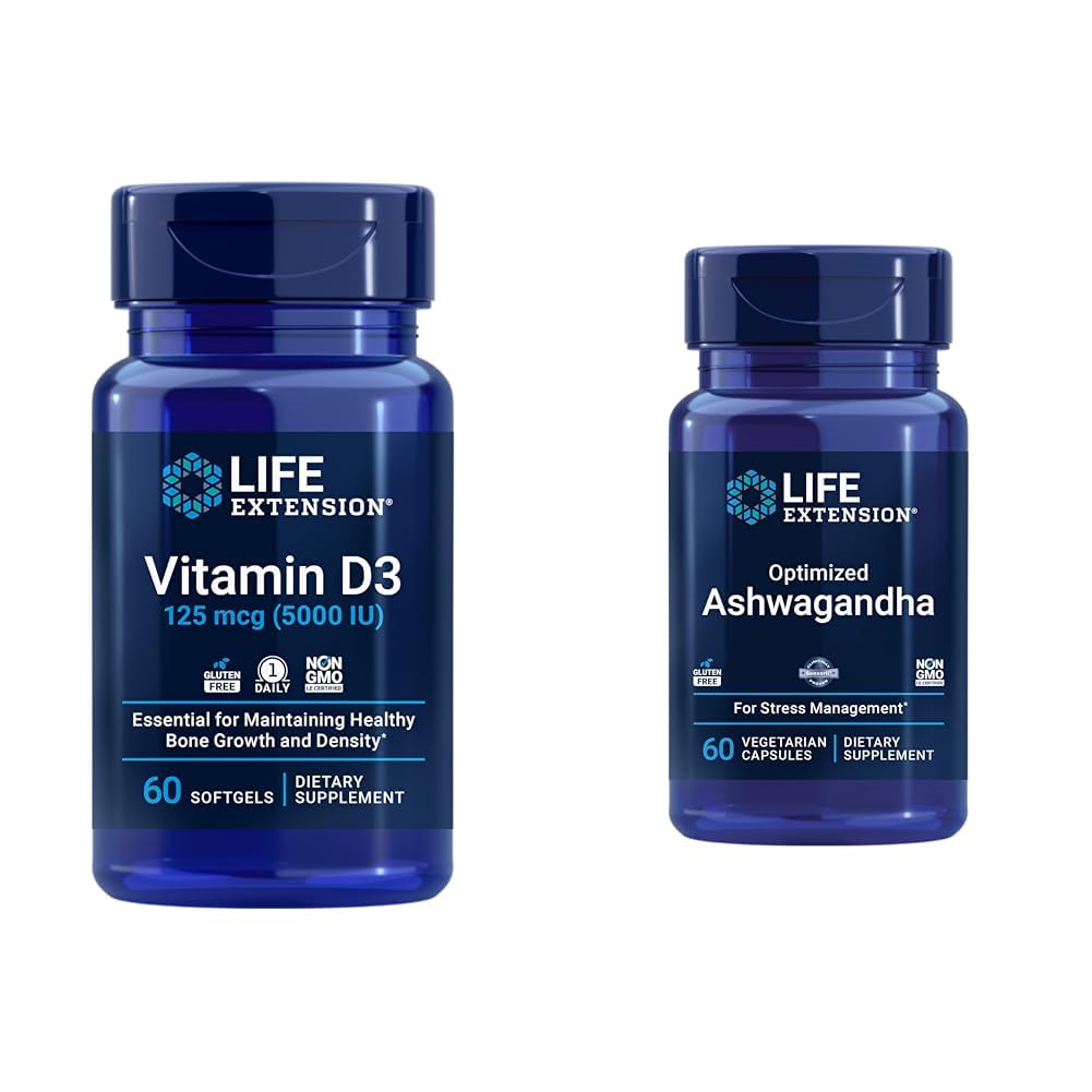 Lebensverlängerung Vitamin D3 5000 IU, Ashwagandha - Stress Relief, Fokus, Gedächtnis, Stimmungsunterstützung - Non-GMO Supplement Bundle