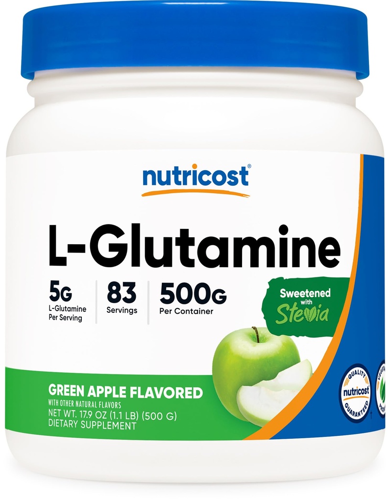 Supplément en poudre de L-Glutamine Nutricost (Pomme verte) 500g - Gut Support, 5 grammes par portion, sucré avec Stevia - sans gluten, sans OGM
