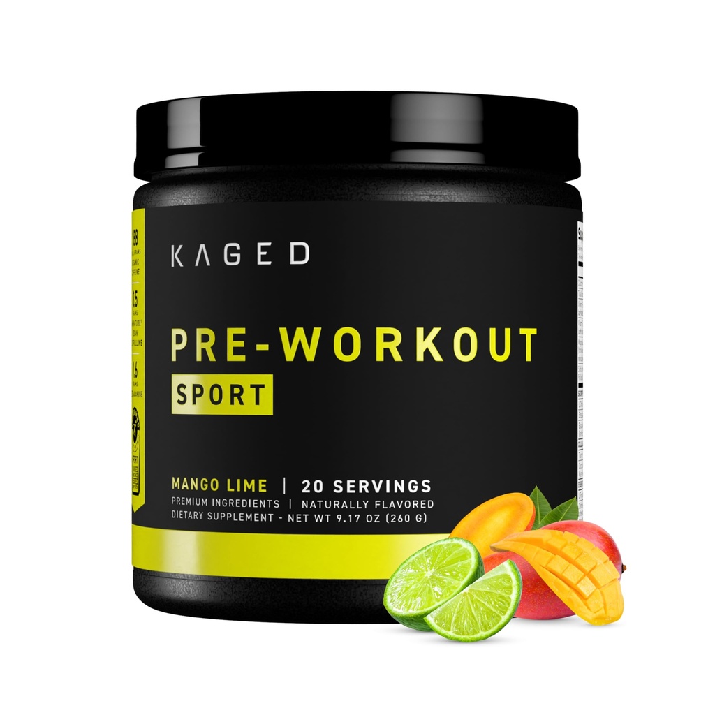 Kaged Sport Pre Workout Pulver für Männer & Frauen, Mango Lime, Sport Zertifiziert, 188mg Koffein, Nitric Oxid Supplement, Beta Alanine für Energie, Gewichtheben, Cardio Endurance & Stärke, 20 Servierungen
