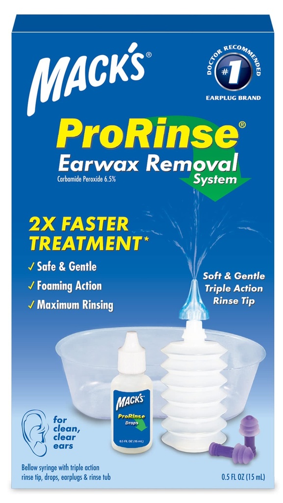 Mack's ProRinse Ear Wax Removal System - 0.5 FL OZ Ear Drops, Ear Plugs, Ear Wash Tub & Ear Syringe with Triple-Action Rinse Tip