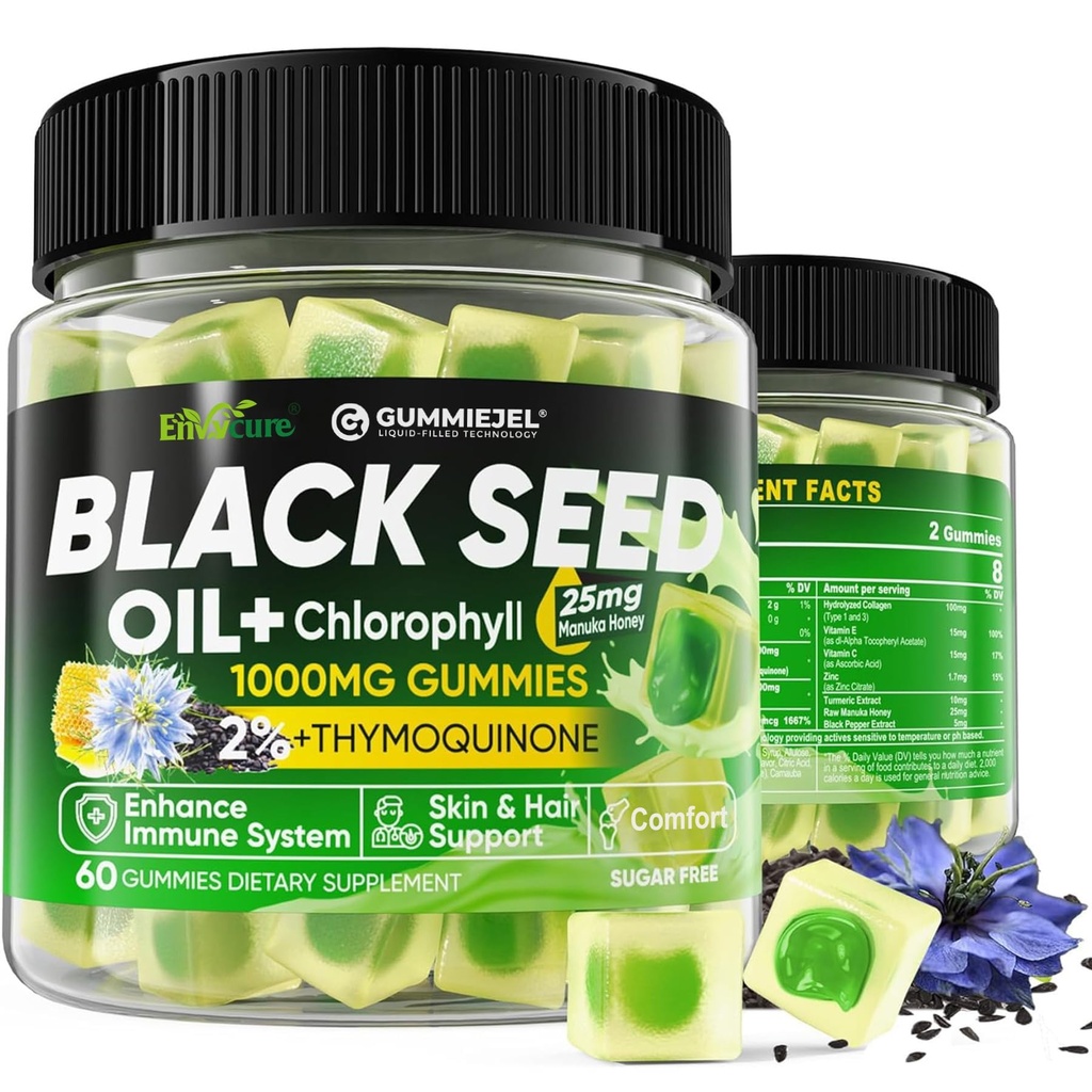 Black Seed Oil Gummi & Chlorophyll, Biotin 500mcg mit hydrolysiertem Collagen, Raw Manuka Honey, Organic Cold Pressed - Ultimative Absorption für Haut, Haar & Nägel, Verdauungsstörung, Gesamtgesundheit, 1 Packung