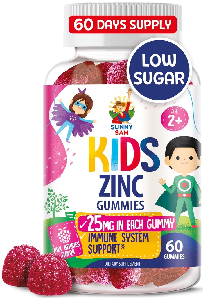 Zink-Gummien für Kinder - Kaubare Zink-Gummi-Ergänzung für Kinder Immununterstützung - Low Sugar Natural Antioxidant Non-GMO Vitamin Chewables für Kleinkinder & Teens - 60 Gummi