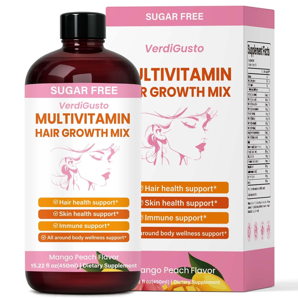 Liquid Multivitamin with 15+ Essential Nutrients | Hair Growth | Sugar-Free Multivitamin for Women & Men | Supports Hair, Skin & Nails Health | Mango Peach Flavor, 22 Servings