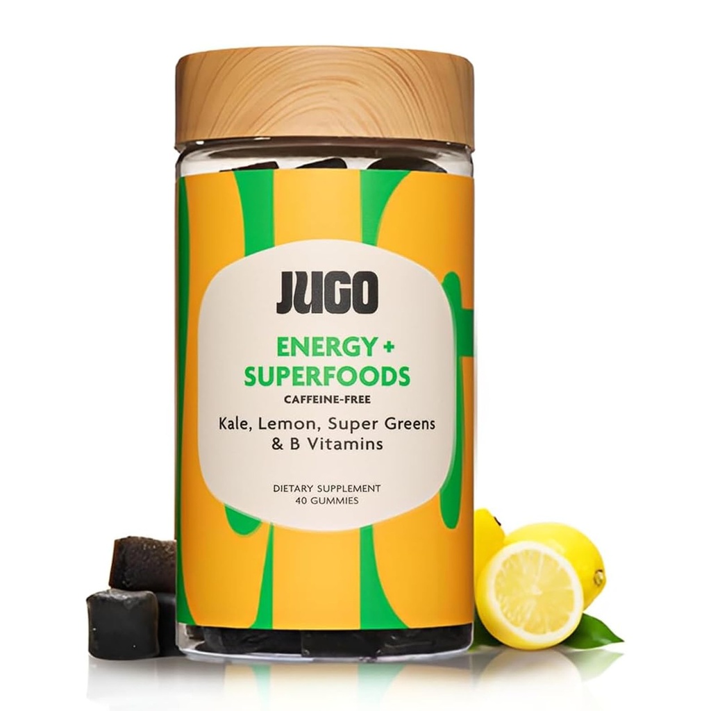 JUGO Énergie + SUPERFOODS Exclusivité Vitamine B12 Gommies avec Kale & Super Greens Exclusivité énergétique sans caféine 40 Gommies à base végétale, sans gélatine, sans OGM, fabriqués aux États-Unis