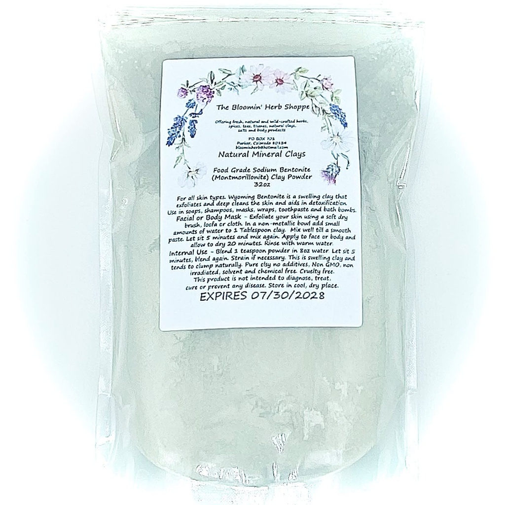Sodium Bentonite Clay Food Grade Fine Powder Bulk | 32oz 2lbs | Internal External | The Bloomin Herb Shoppe | Mined in The Big Horn Wyo | Detox | Water Washed no Chemicals | Masks Wraps spa