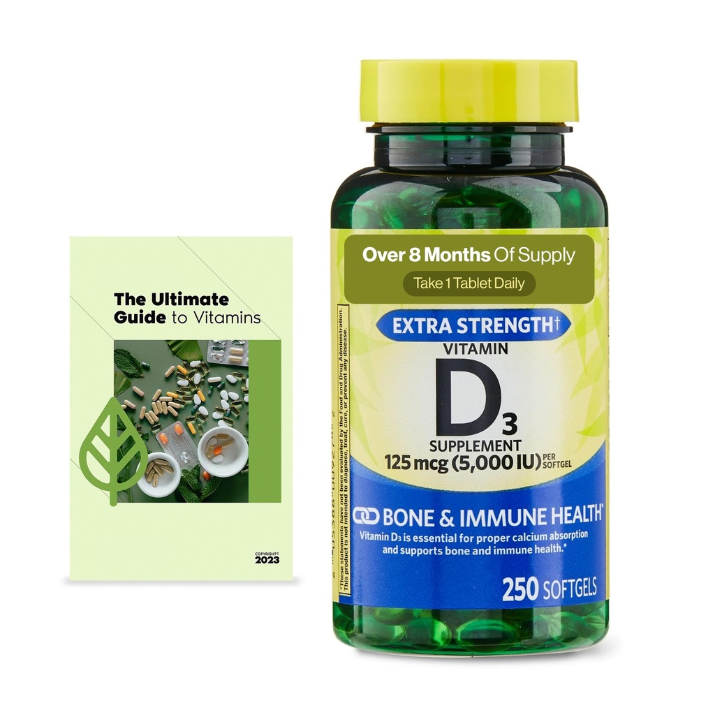 Spring Vitamin D3 Softgels, 125 mcg (5,000 IU), 250 Softgels, Bone & Immune System Support, Daily Dietary Supplement + Exclusive Vitamin Guide (2 Items)