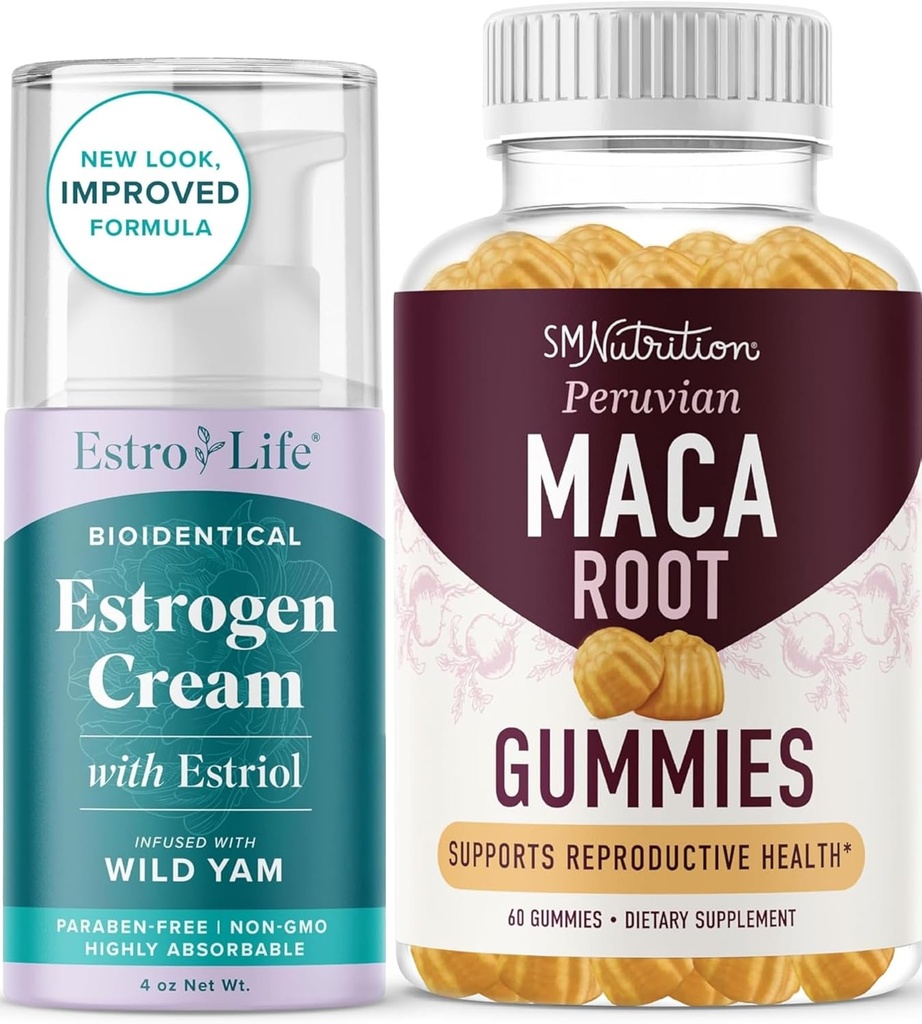 Maca Root Gummies & Estrogen Estriol Cream | Hormon Balancing Set mit Peach Flavored Maca Gummies (30 Portionen) und Estrogen Cream Advanced Formula (80 Portionen)