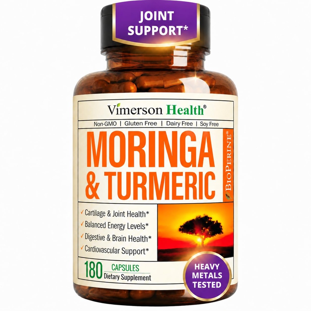 Moringa Capsules – 3-in-1 Turmeric Moringa Supplement with BioPerine (Black Pepper Extract) for Max Absorption – Potent 4:1 Moringa Oleifera Extract + Tumeric for Energy & Joint Support – 180 Capsules