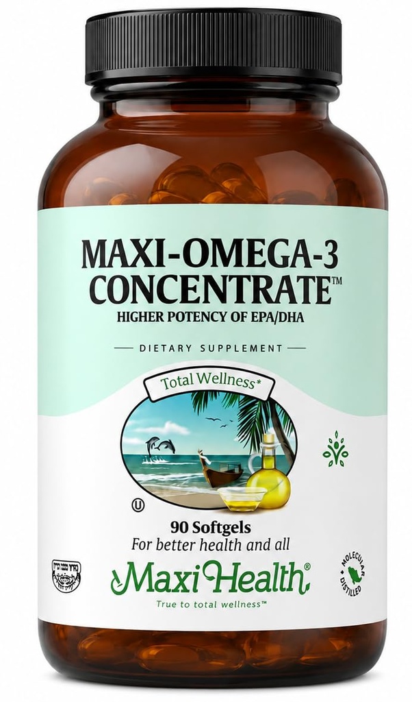 Maxi Health Omega 3 Supplement - Omega-3 Fish Oil Concentrate - Höhere Potenzquelle von EPA/DHA Fettsäuren - Herz, Gehirn & Gelenke Gesundheit - Kosher zertifiziert Wild Caught Fish - 90 Vegetarian Softgels