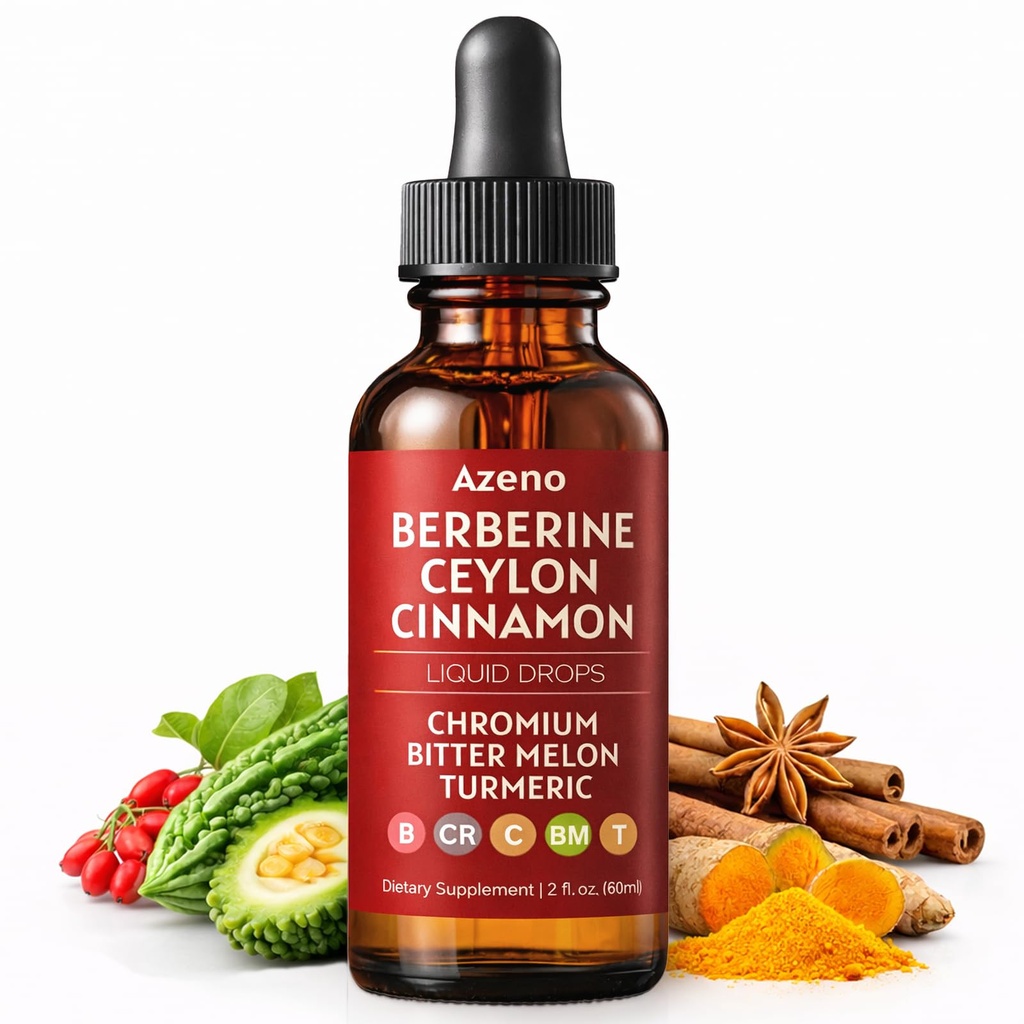 Azeno Berberine with Ceylon Cinnamon Liquid Drops, with Bitter Melon, Turmeric and Other Natural Ingredients