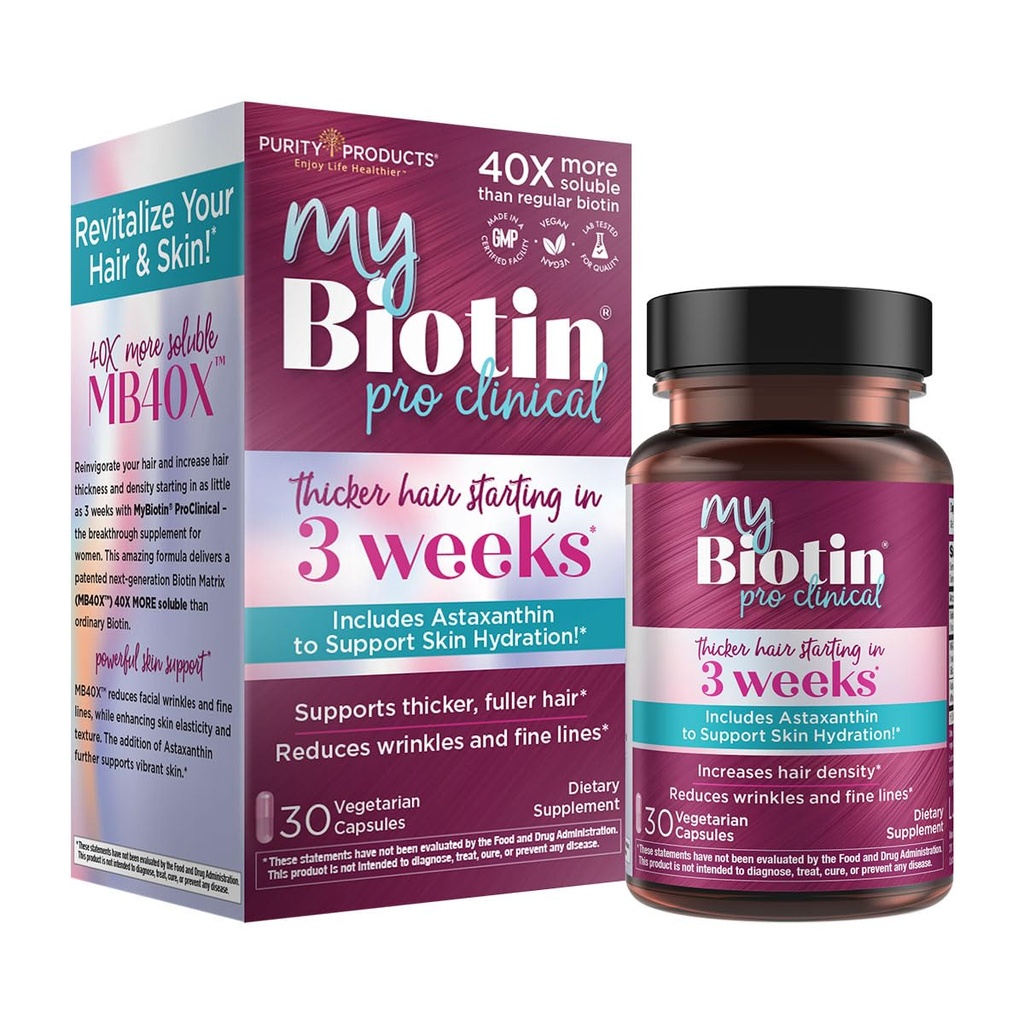 Purity Products MyBiotin ProClinical – dickeres Haar, das in 3 Wochen beginnt und Falten bekämpft - MB40X patentierte Biotin-Vitamin-B7-Matrix mit Astaxanthin - 40X löslicher gegenüber gewöhnlichem Biotin, 30 Veg-Kapseln