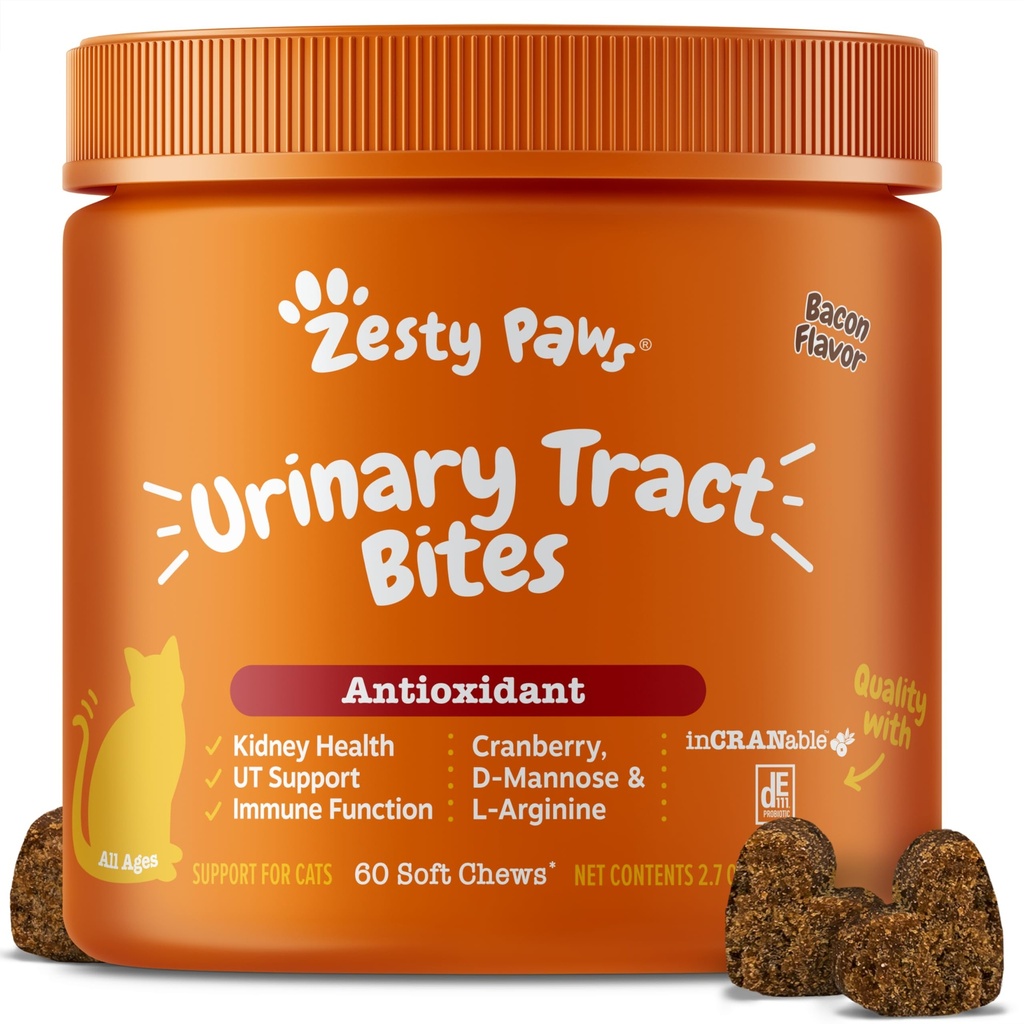 Zesty Paws Cranberry Urinary Tract Bites for Cats - Rein & Urinary Tract Health - Chews doux avec D-Mannose, Vitamine B6 & L-Arginine - Immune & Gut Support - Bacon - 60 Compte
