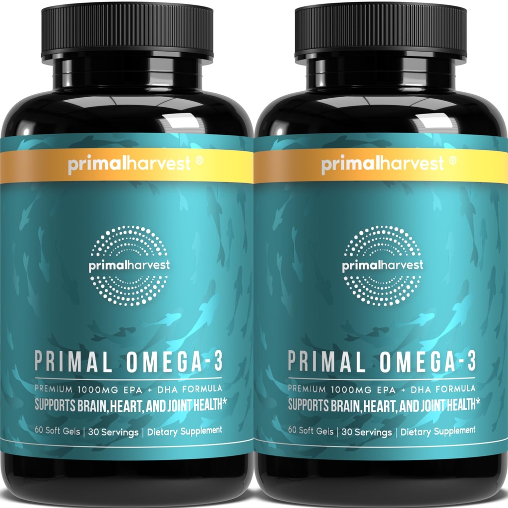Primal Harvest Omega 3 Fischöl-Ergänzungen, 30 Servierungen Weichgel Kapseln w/ 1000mg EPA + DHA-Ergänzungen, keine Fishy Burps Non-GMO Omega 3 Fettsäuren, 2 Packung