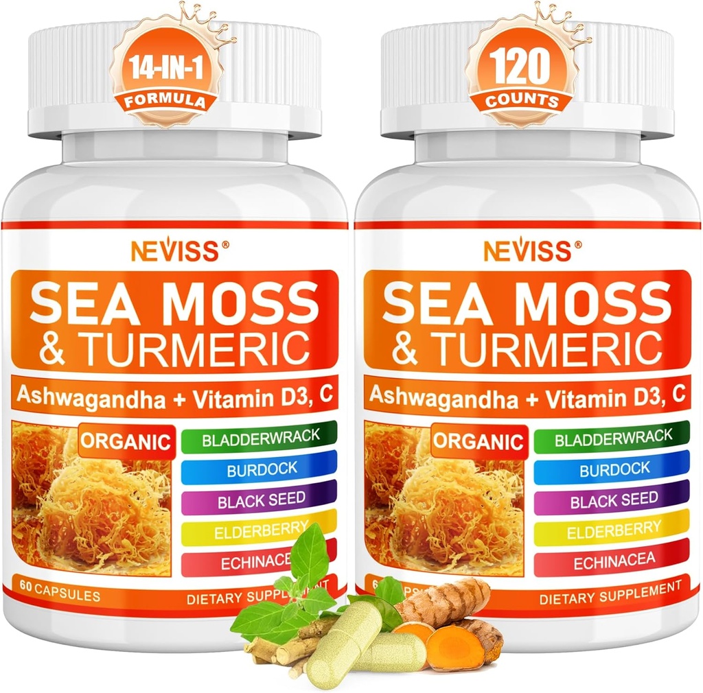 Capsule di mare - Moss marino irlandese Moss con Turmeric Plus Ashwagandha, Black See Oil, Bladderwrack, Burdock Root,Vitamin C & D3, ACV Chlorophyll 120Cts