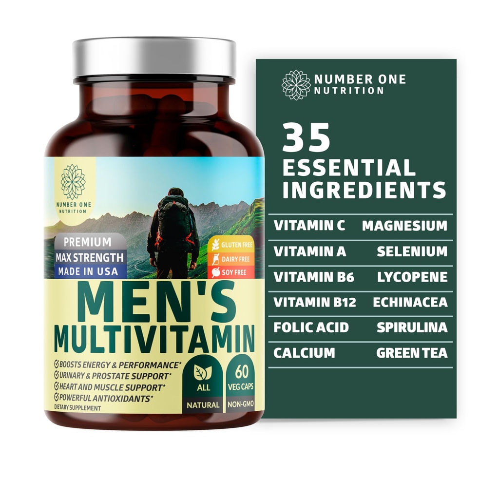Supplemento Multiminerale Multivitamina Multivitaminale Quotidiano di Nutrizione Premium Uomo [Gluten Free, Non-GMO], Vitamine A C E D B1 B2 B3 B5 B6 B12, Magnesio, Biotina, Sprulina e Zinco, 60 Caps di Veg
