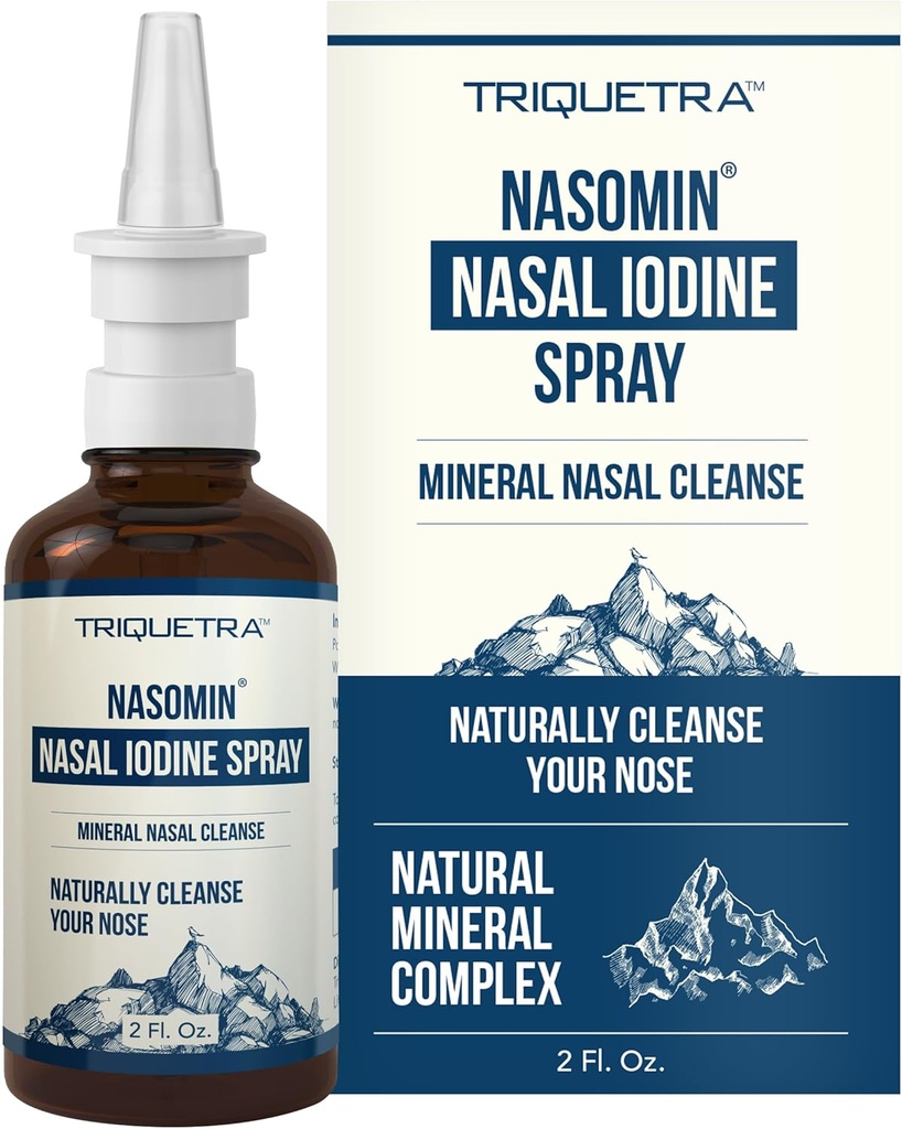Nasomin® Iodine Nasal Spray – Pulisce e rinfresca le tue Passaggi Nasali – Miscela di Iodio e Acido Fulvico – 150+ Utilizza per Bottiglia – Formula minerale naturale al 100% – (2 oz. Bottiglia + Spruzzatore Nasale)