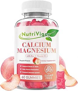 Calcium Gummies 600mg con vitamina D3, Calcio Magnesio Zinc Gummies per Bone & Immune Support, Calcium Supplemento per Donne & Uomini, Zucchero Libero, Vegan, Peach Flavor, 60 Conte