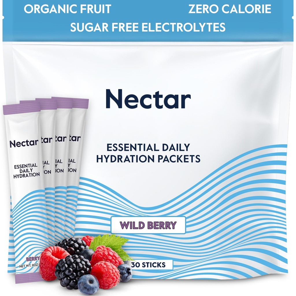 Nectar Hydration Packets - Electrolytes Powder Packets - No Sugar or Calories - Organic Fruit Liquid Daily IV Electrolytes Powder for Clean Dehydration Relief and Rapid Rehydration (Berry 30 Pack)