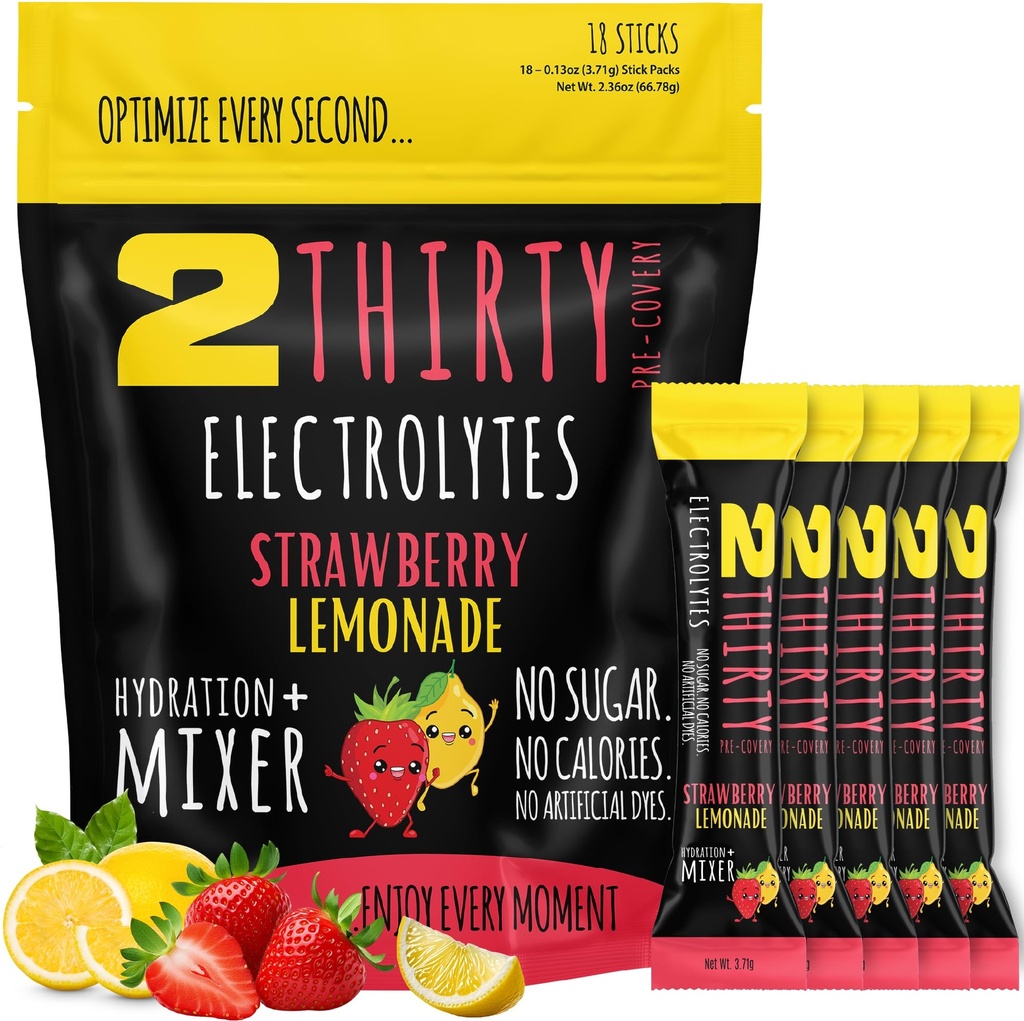 2THIRTY Hydration + Mixer — DHM Alternative Electrolyte Powder Packets | Zero Sugar 5-in-1 Hydration & Recovery Drink with Vitamin B12 & Antioxidants | Strawberry Lemonade 18 Sticks