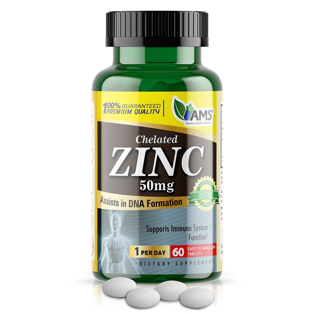 America Medic & Science Chélaté Zinc 50 mg Suppléments (1 Pack de 60 comprimés) Immune Booster et puissant antioxydant pilules pour les adultes hommes et femmes