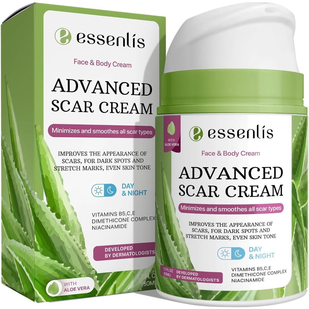 Narbenentfernungscreme für Frauen und Männer, schnelle Reparatur von neuen alten Narben, Flecken, Brennt alle natürlichen Behandlung mit Vitamin E, B5, C, Aloe Vera, 1.7 Fl Oz