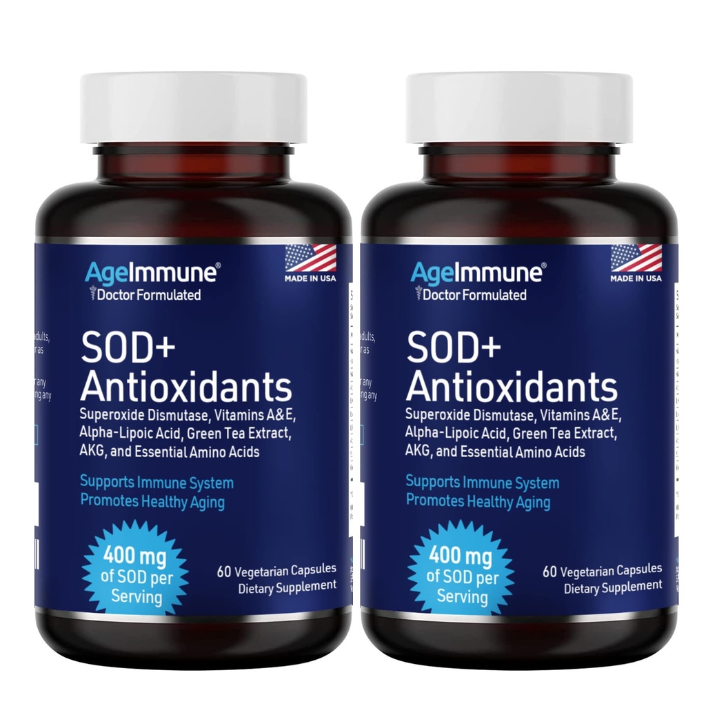 SOD Antioxidants Complex Healthy Aging Supplement, 400mg of Superoxide Dismutase, Alpha Lipoic Acid, Green Tea Extract, L-Arginine, Lysine, AKG, Vitamin A, Vitamin E - 60 Capsules -2 Bottles
