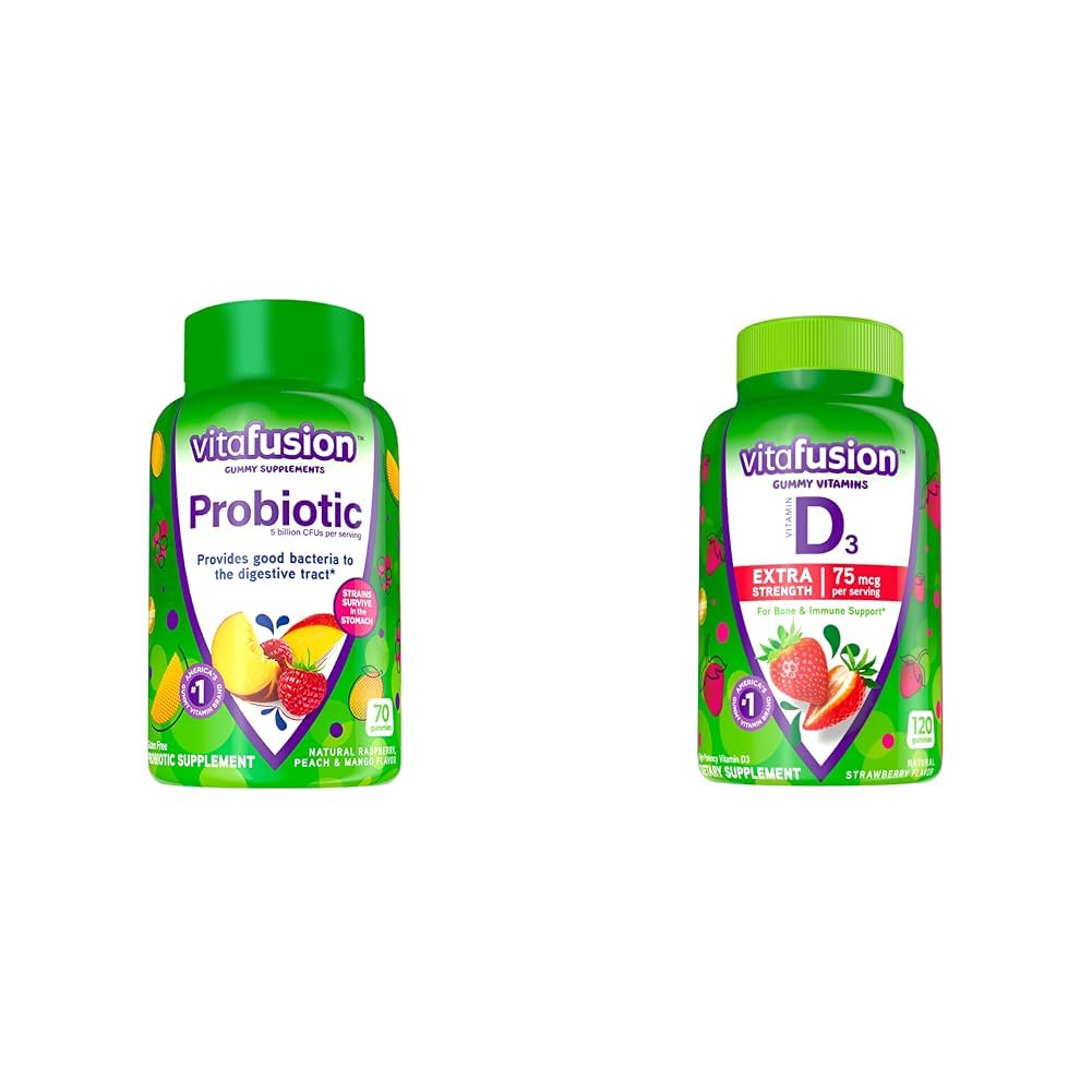 Vitafusion Probiotic Gummy Supplements, Raspberry, Peach and Mango Flavors & Extra Strength Vitamin D3 Gummy, Strawberry Flavored Bone and Immune System Support (1) 120 Count
