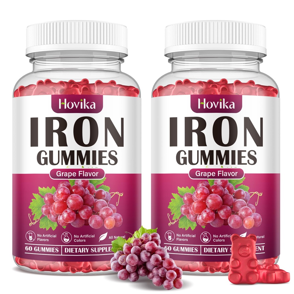 (2 Pack) Iron Gummies Supplemento per le donne e gli uomini, Supplementi di ferro per l'anemia con vitamina C, B12, Folate-Blood Builder & Energy Support per la carenza di ferro - Uva Flavor, Vegan, 120 Gummies