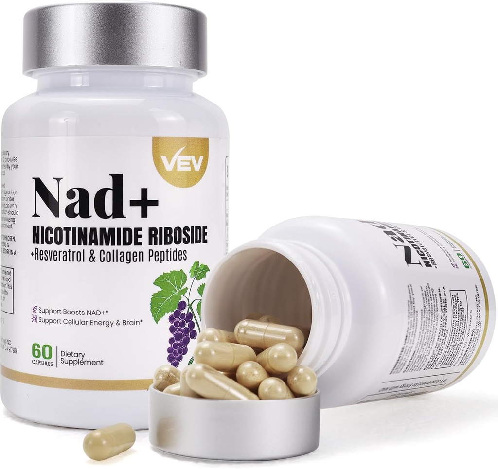 VEV NAD Ergänzung Kapseln - Nicotinamid Riboside, Multi-Collagen,CoQ10 -NAD Ergänzung für Haut - 60 Kapseln*2