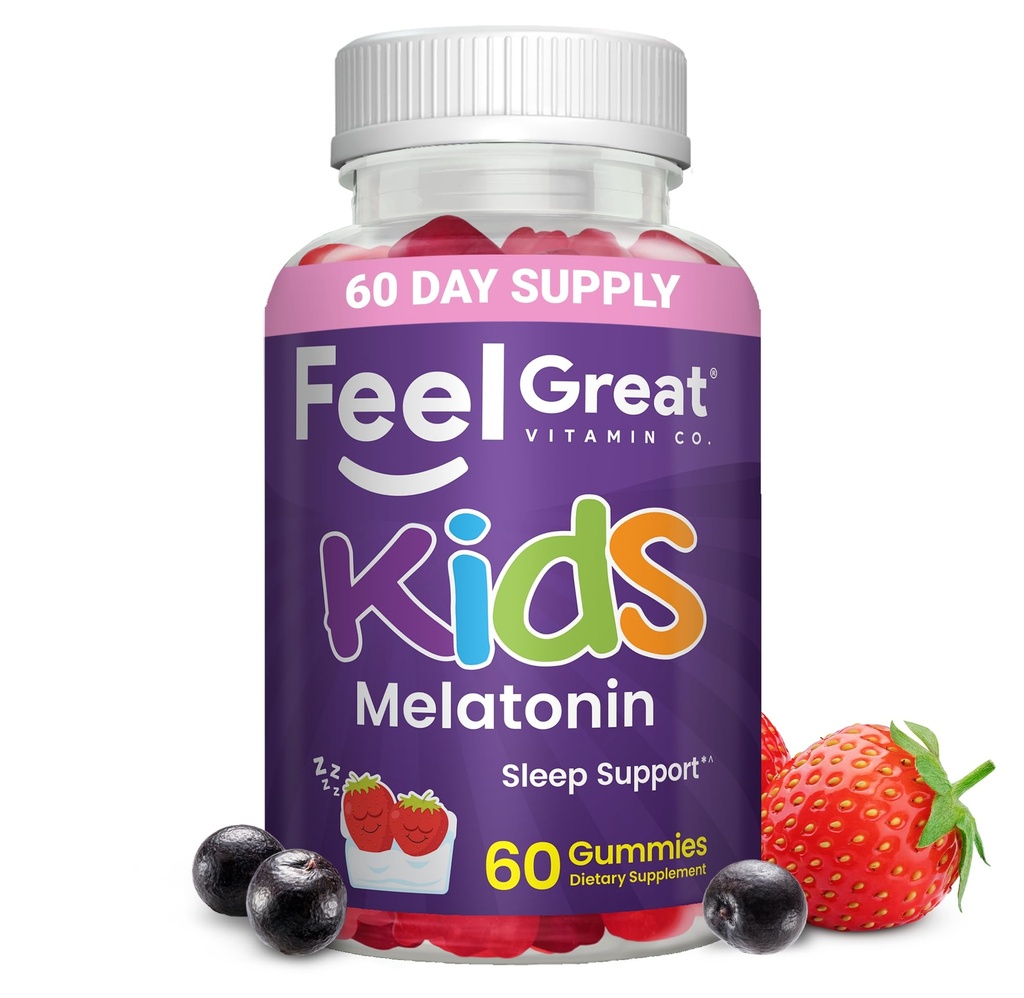 Feel Great Kids Melatonin Gummy de fraise Saveur Melatonin Gummies de fraise Enfants de 1 MG de Melatonin Aide au sommeil pour les enfants de 60 jours