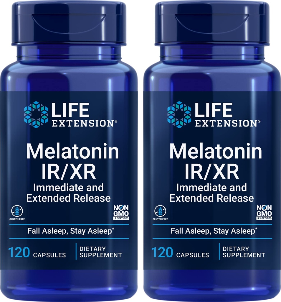 Estensione di vita Melatonin IR/XR, 120 Capsule (Pack of 2) - Immediato & Extended-Release per il supporto di 7 ore - Supplemento di tempo di notte - Asleep tutta la notte Long - Non OGM, senza glutine