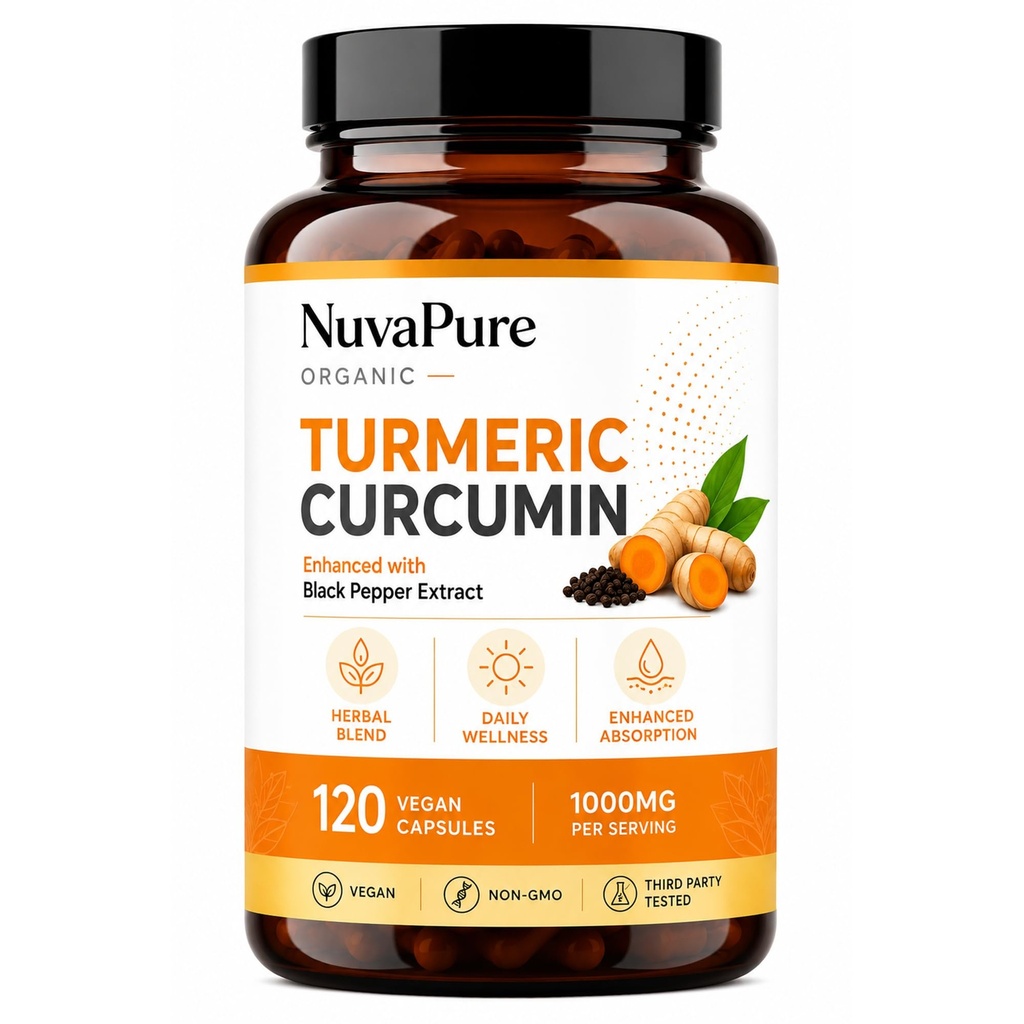 Nuvapure Organic Turmeric Curcumin Capsules – Turmeric Curcumin Formula with Black Pepper Extract, Daily Use for Adults, 120 Count (1 Pack)