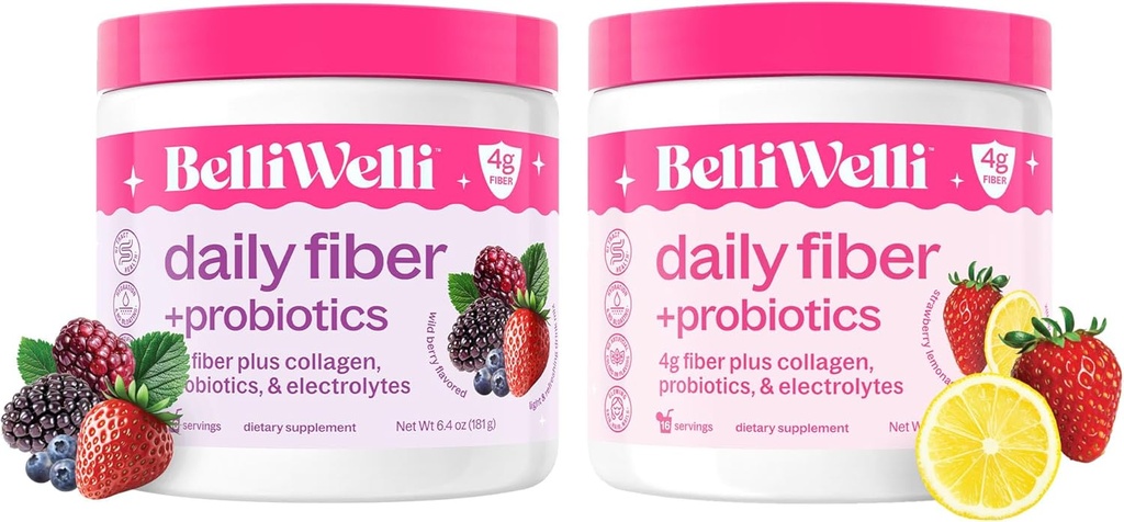 Belli Welli Daily Fiber Supplement Bundle with Collagen, Probiotics & Electrolytes – Strawberry Lemonade & Wild Berry Flavors – Supports Digestion, Gut Balance, & Debloating – 32 Serve