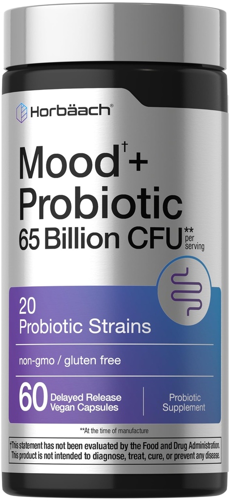 Horbäach Mood Probiotics for Women and Men | 65 Billion CFU | 60 Capsules | 20 Probiotic Strains with Prebiotic | Non-GMO & Gluten Free Supplement